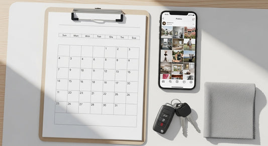 Car wash social media content calendar next to a phone and car wash tools.