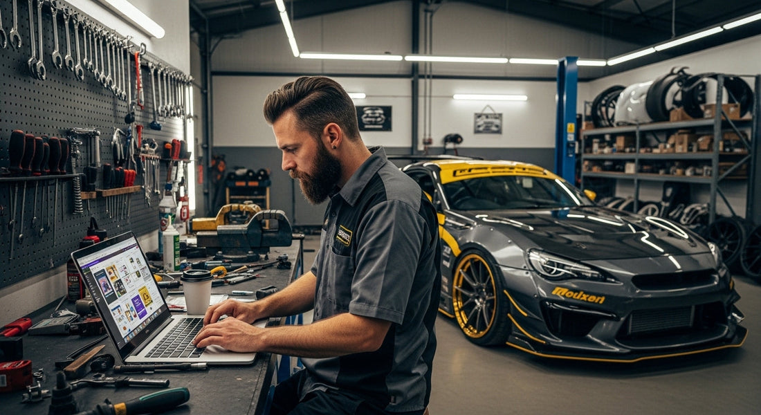 Car tuning shop owner using Canva templates to plan monthly social media content