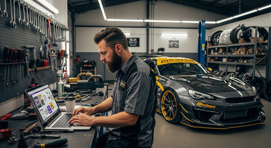 Car tuning shop owner using Canva templates to plan monthly social media content