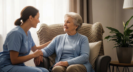 Caregiver speaking with an older adult at home