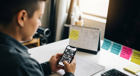 Window tint shop owner planning an Instagram content calendar at a desk.