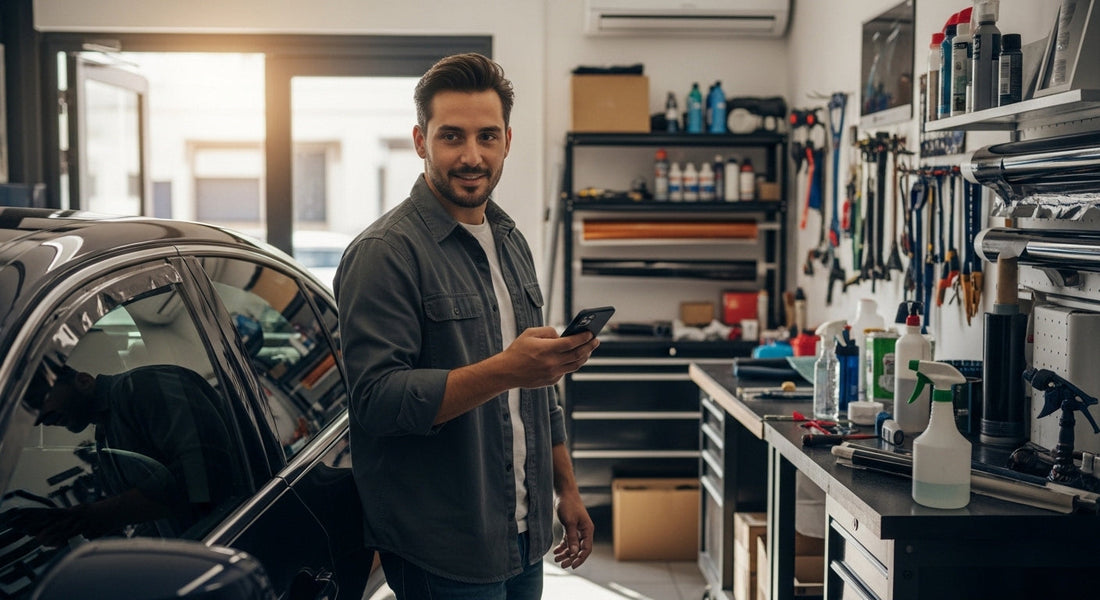 Window tint shop owner with freshly tinted car