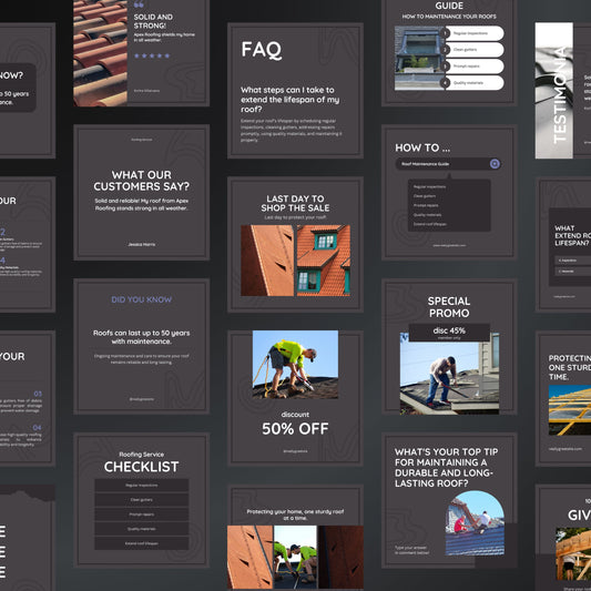 Collection of roofing service promotional materials with text and images on a dark background