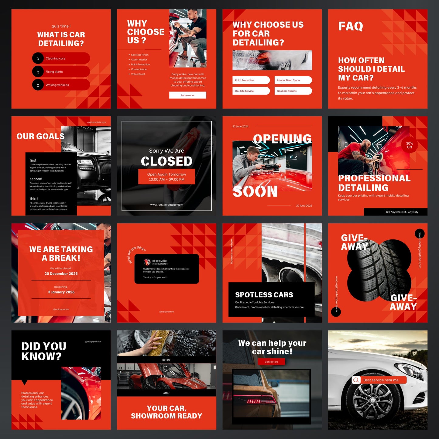 Collection of car detailing promotional posters with various messages and images.