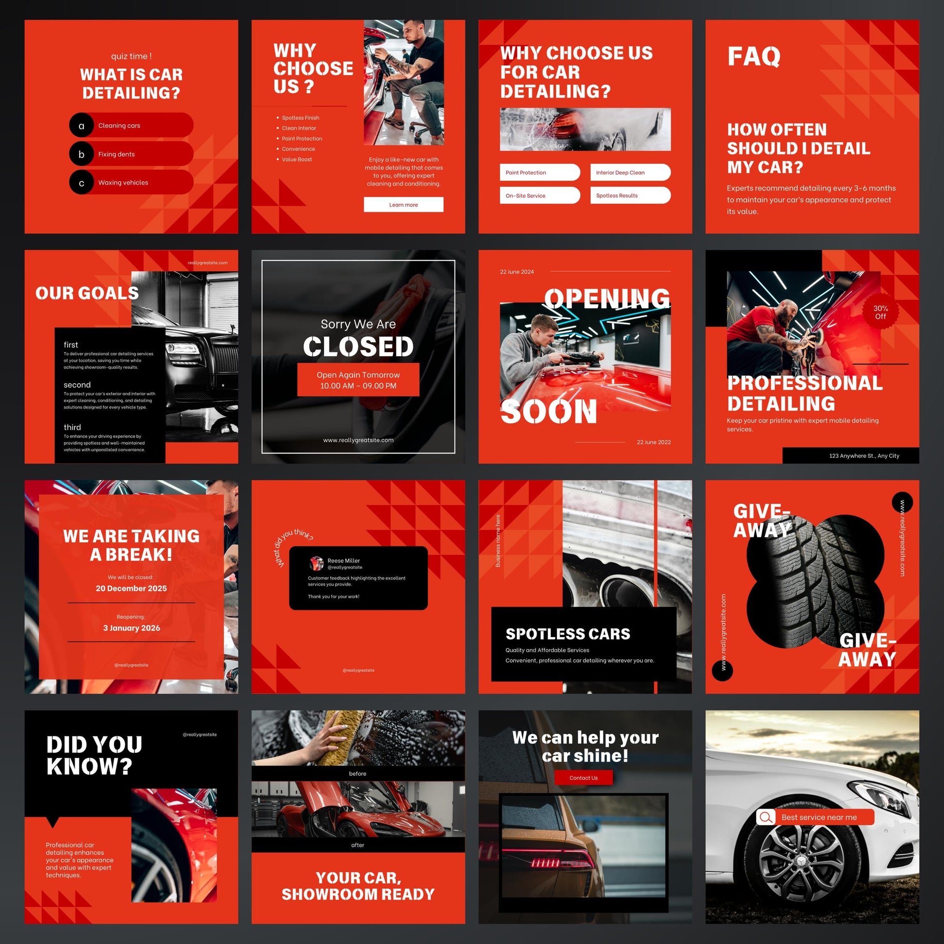 Collection of car detailing promotional posters with various messages and images.