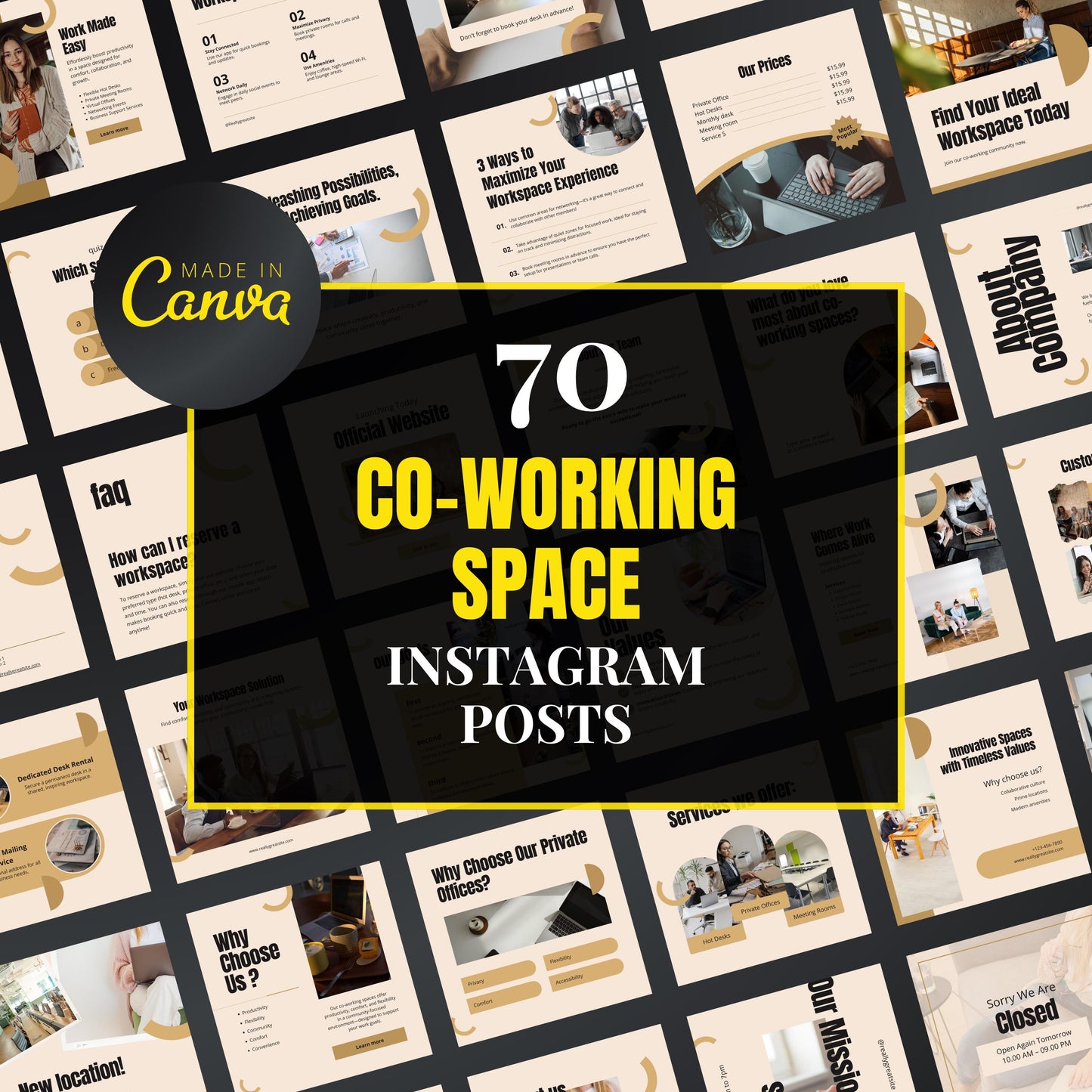 Promotional graphic for 70 co-working space Instagram posts by Made in Canva.