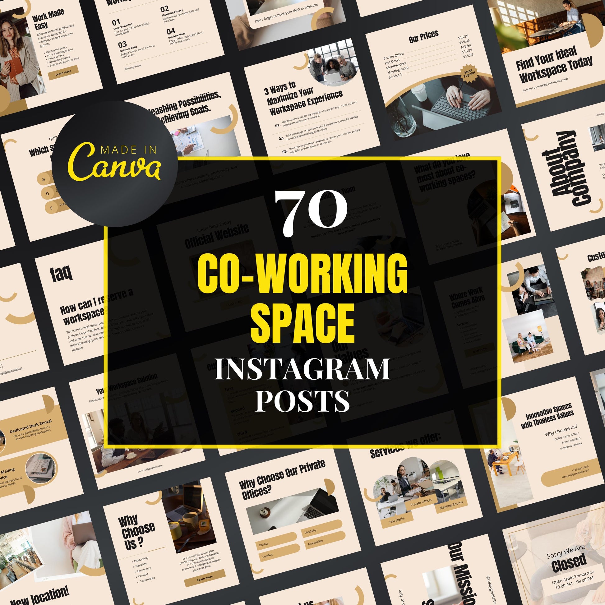 Promotional graphic for 70 co-working space Instagram posts by Made in Canva.