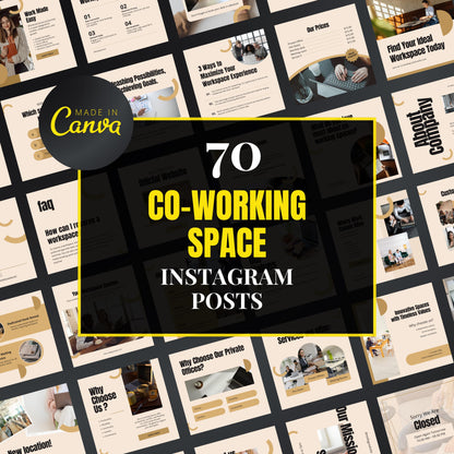 Promotional graphic for 70 co-working space Instagram posts by Made in Canva.