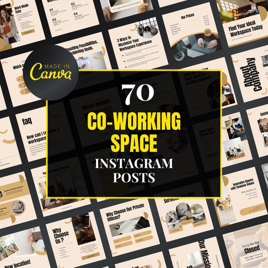 Promotional graphic for 70 co-working space Instagram posts by Made in Canva.