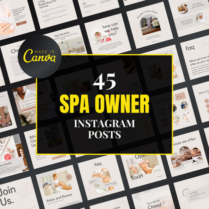 Collection of spa owner Instagram posts with 'Made in Canva' branding.