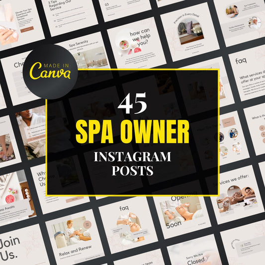 Collection of spa owner Instagram posts with 'Made in Canva' branding.