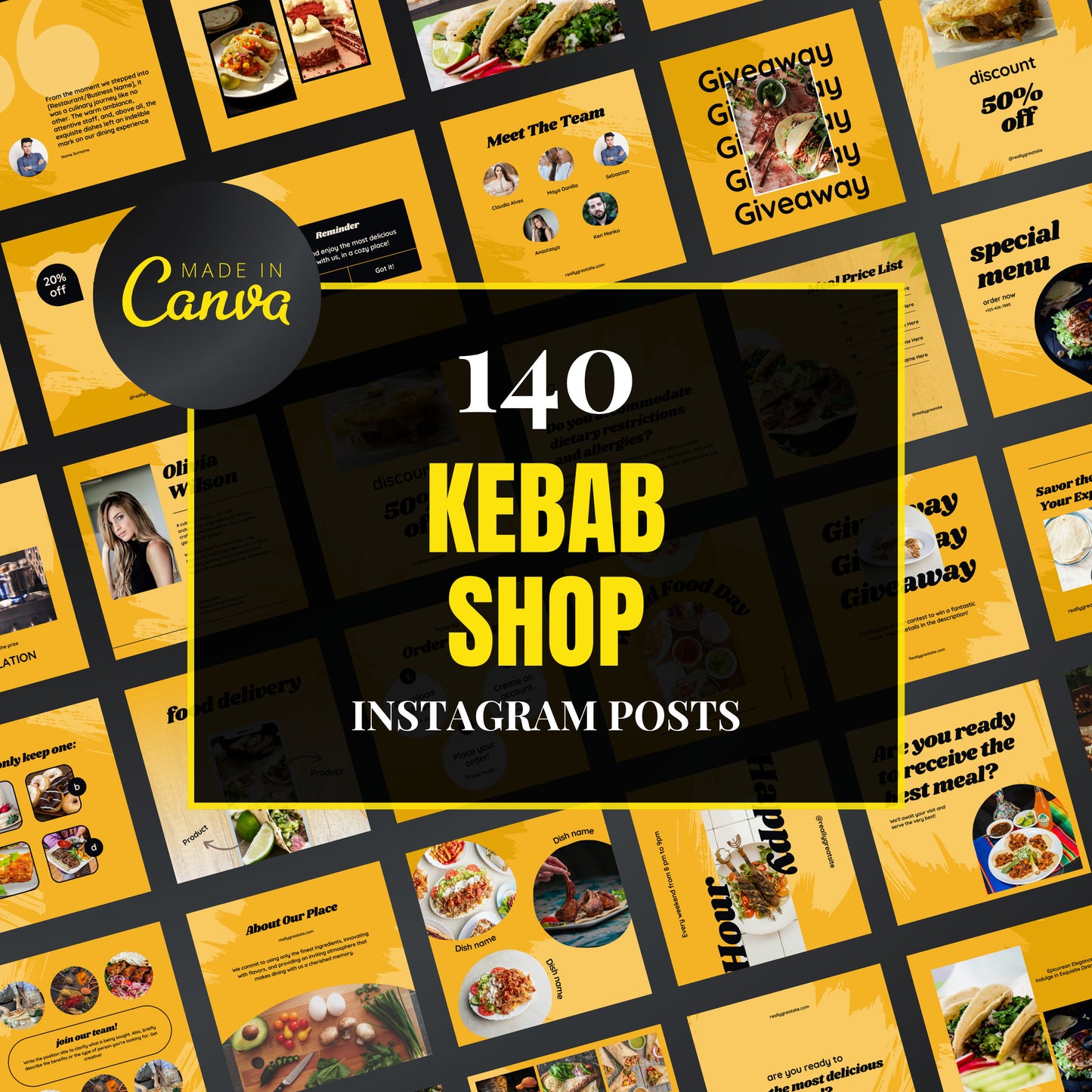 Collection of Kebab Shop Instagram posts with promotional elements on a black background, featuring the Made in Canva logo.