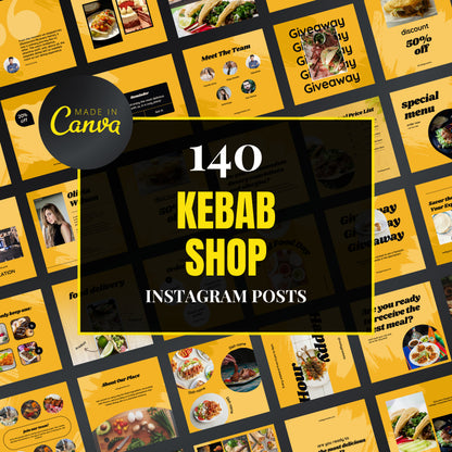 Collection of Kebab Shop Instagram posts with promotional elements on a black background, featuring the Made in Canva logo.