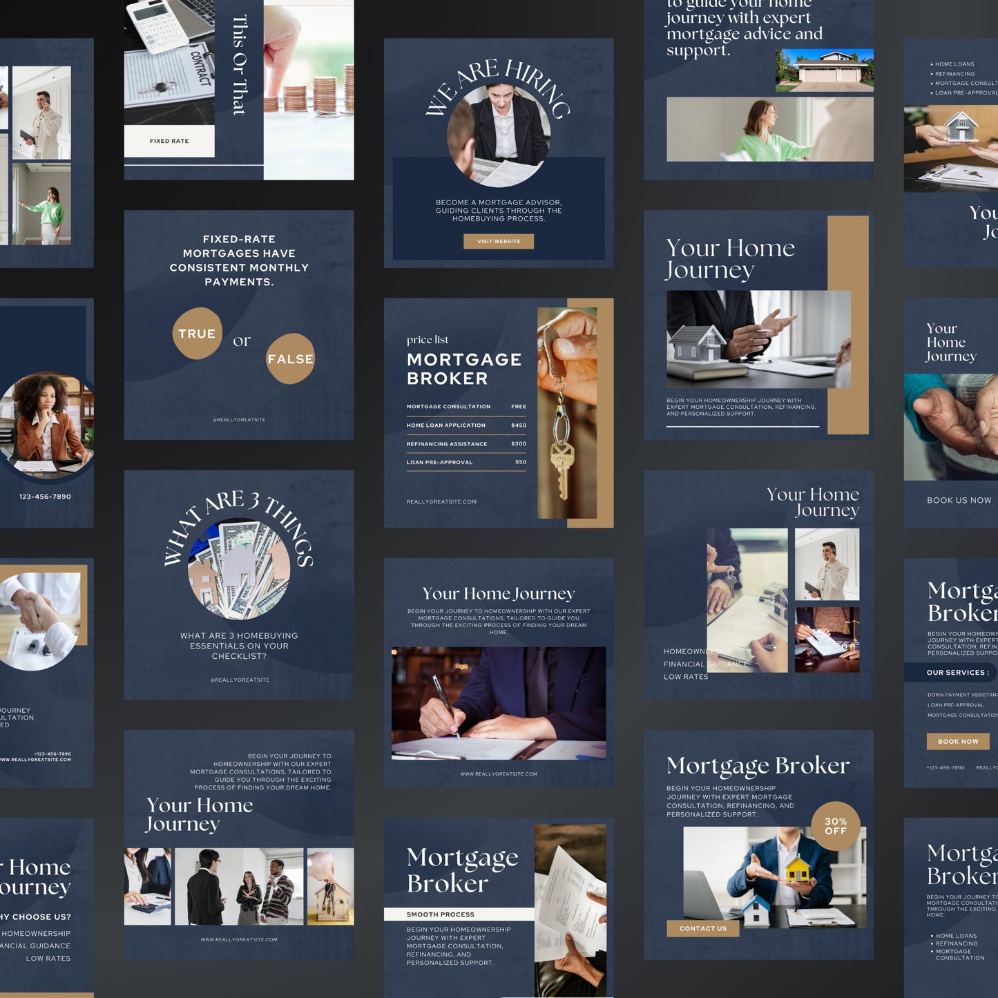 Collage of mortgage broker promotional materials with text and images on a dark background