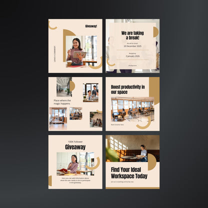 Co-working Space Canva Templates | Editable Instagram Post Kit for Shared Workspace Marketing