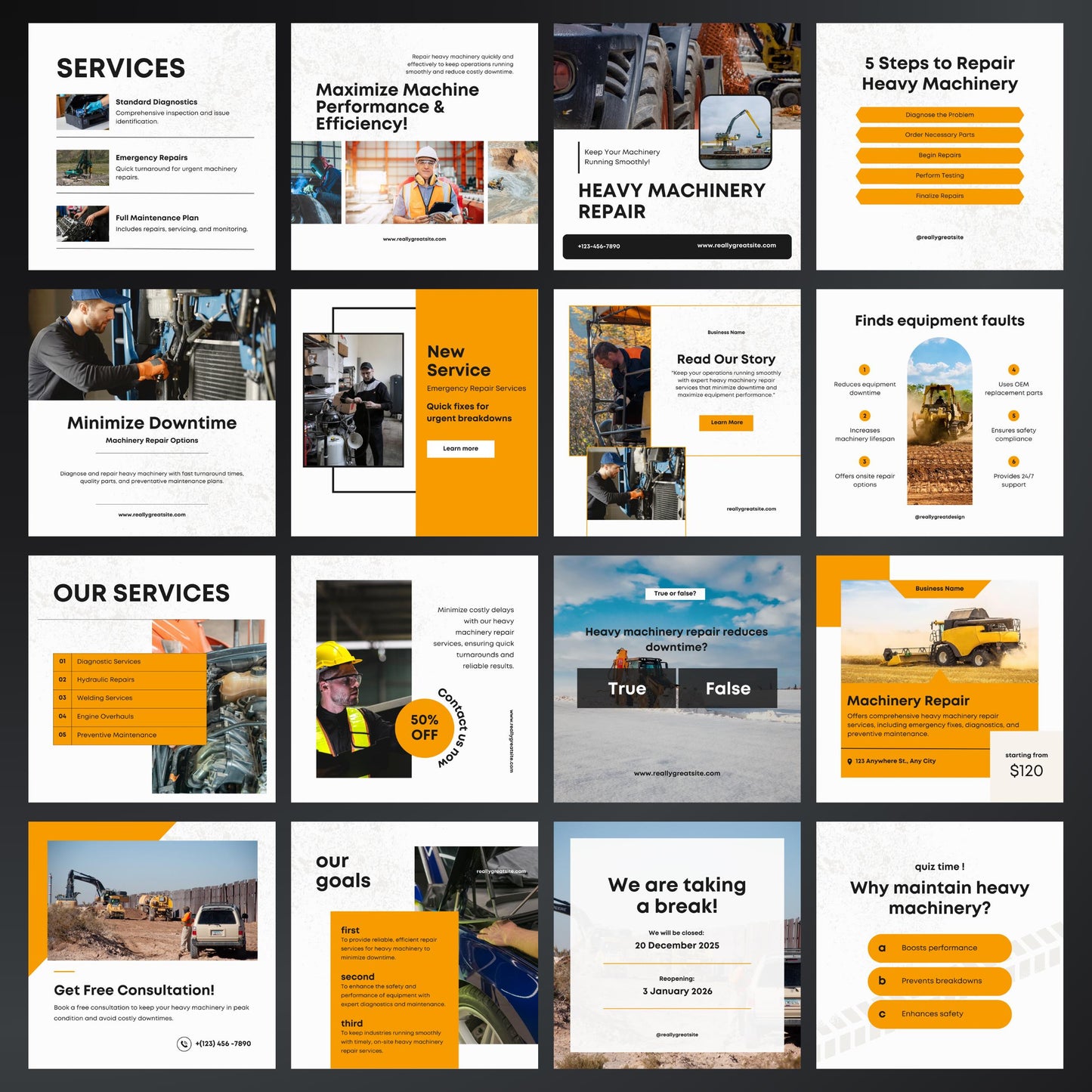 Heavy Machinery Repair Canva Templates | Editable Instagram Posts for Equipment & Industrial Services