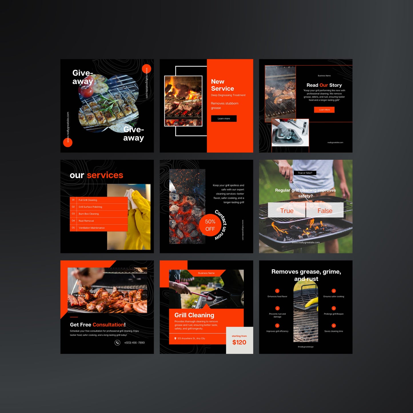 Grill Cleaning Canva Templates | Editable Instagram Posts for BBQ & Grill Maintenance Services