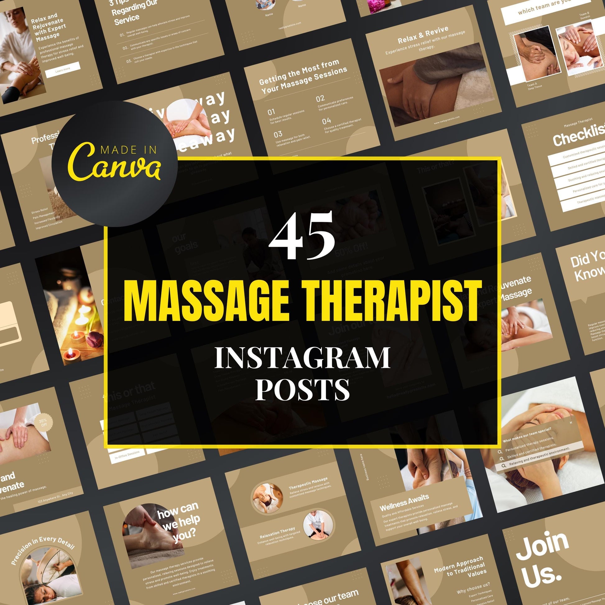 Collection of massage therapist Instagram post templates with 'Made in Canva' branding.
