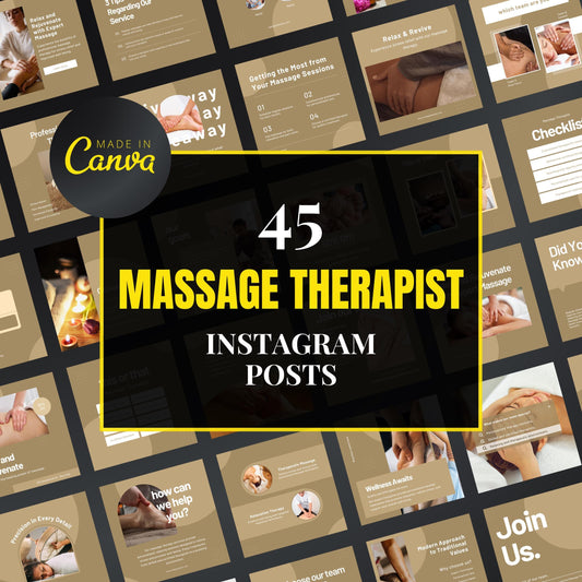 Collection of massage therapist Instagram post templates with 'Made in Canva' branding.