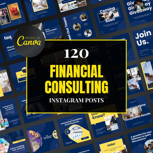 Promotional graphic for 120 Financial Consulting Instagram posts by Made in Canva with various consulting-themed images.