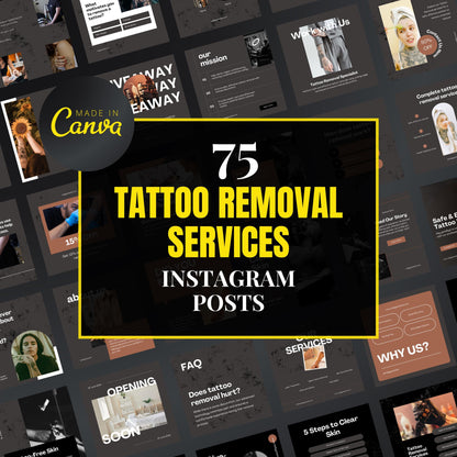 Promotional graphic for 75 tattoo removal services Instagram posts by Made in Canva.