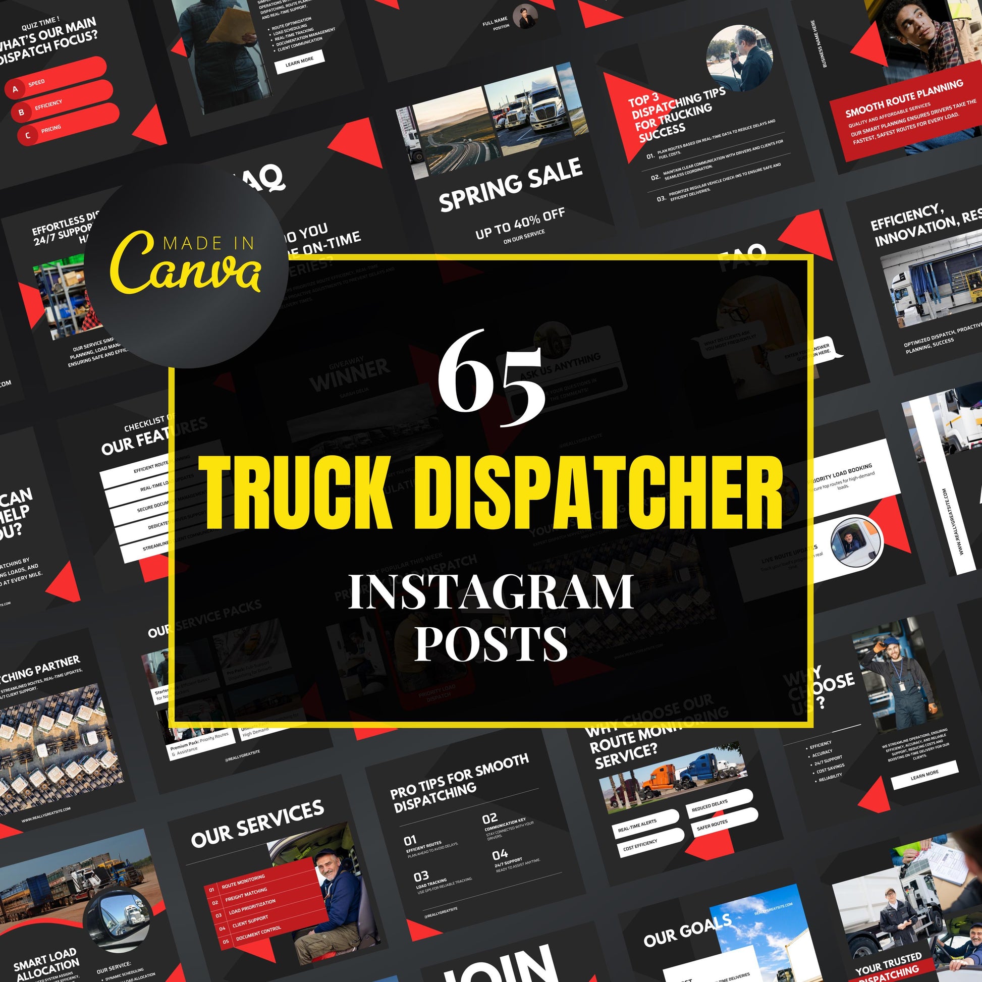 Collection of truck dispatcher Instagram post templates with 'Made in Canva' branding.