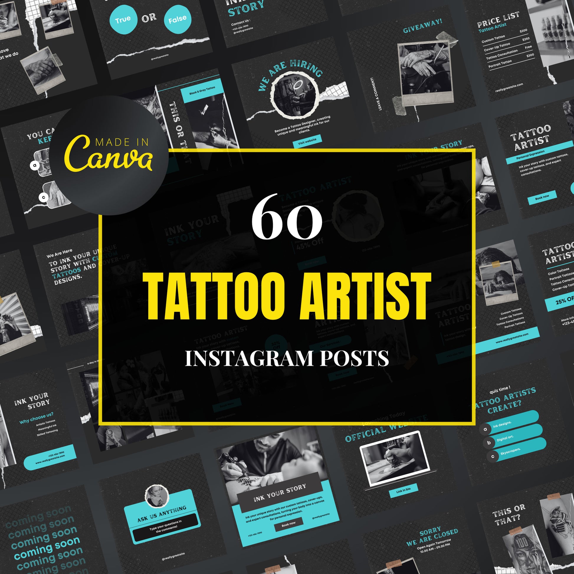 Collection of tattoo artist Instagram post templates with 'Made in Canva' branding.