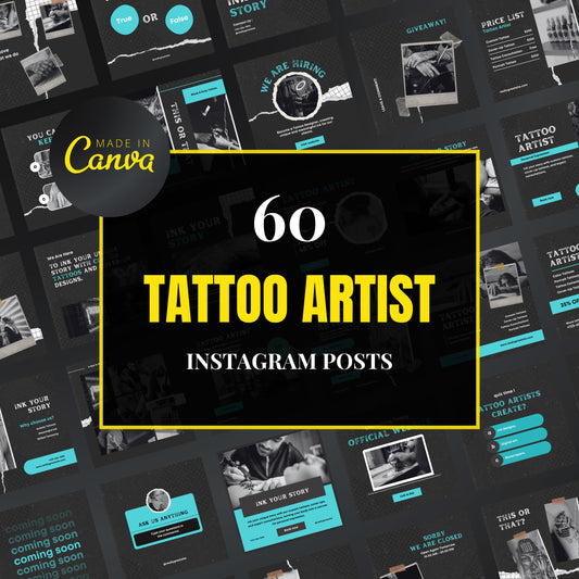 Collection of tattoo artist Instagram post templates with 'Made in Canva' branding.