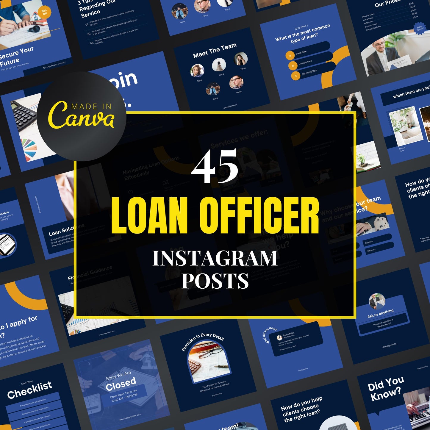Collection of loan officer Instagram posts with 'Made in Canva' branding.