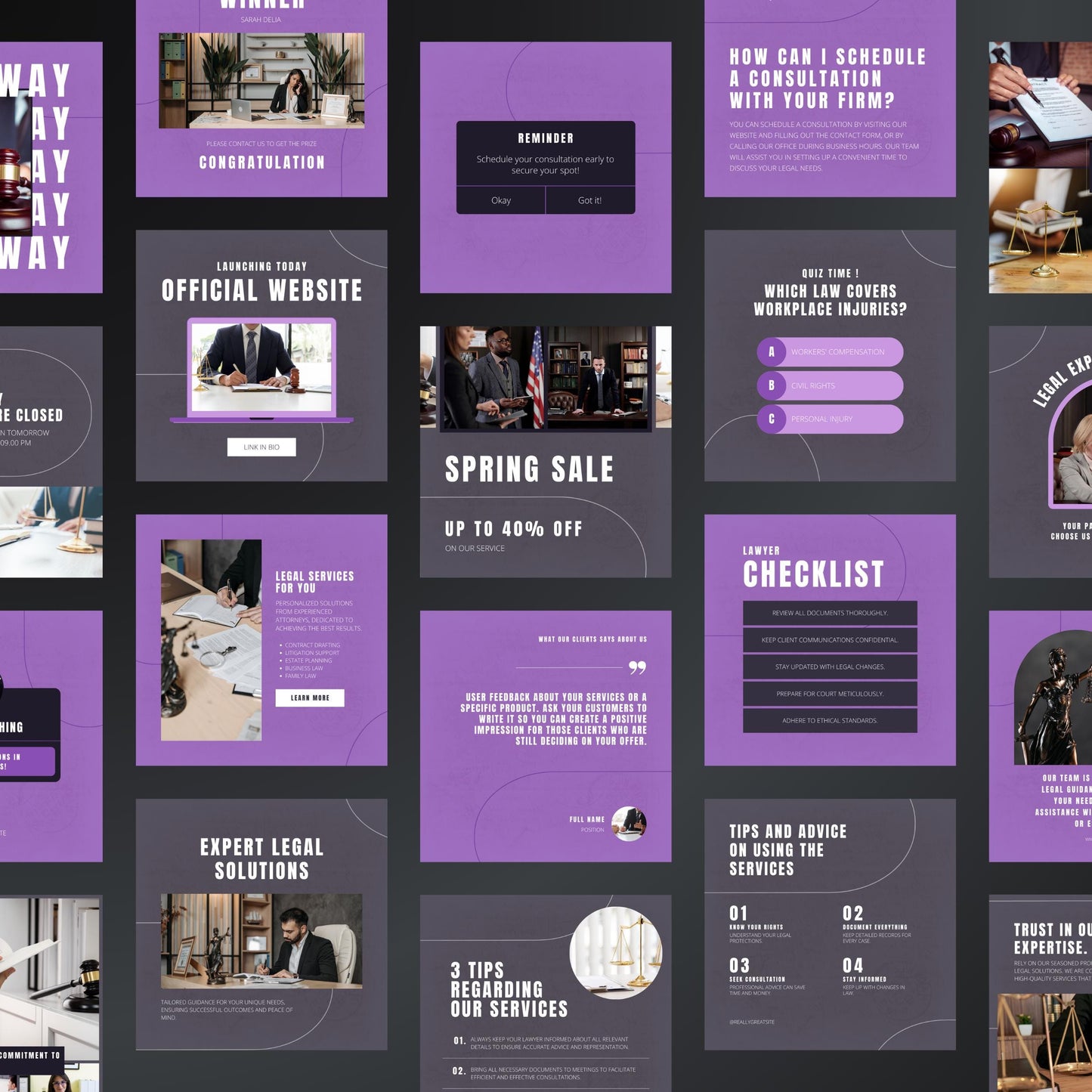 Collage of various purple-themed design elements on a black background