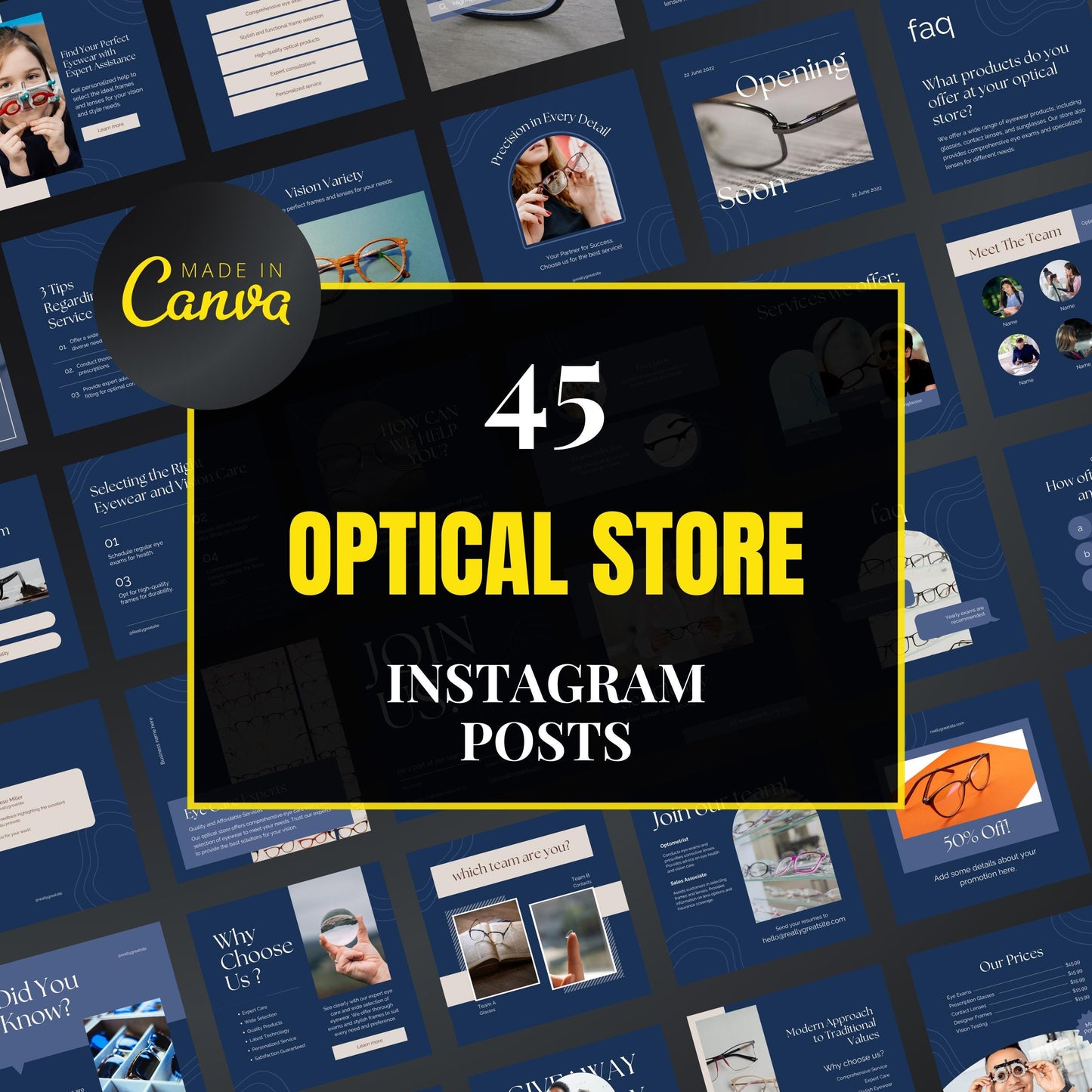 Collection of optical store Instagram post templates with 'Made in Canva' branding.