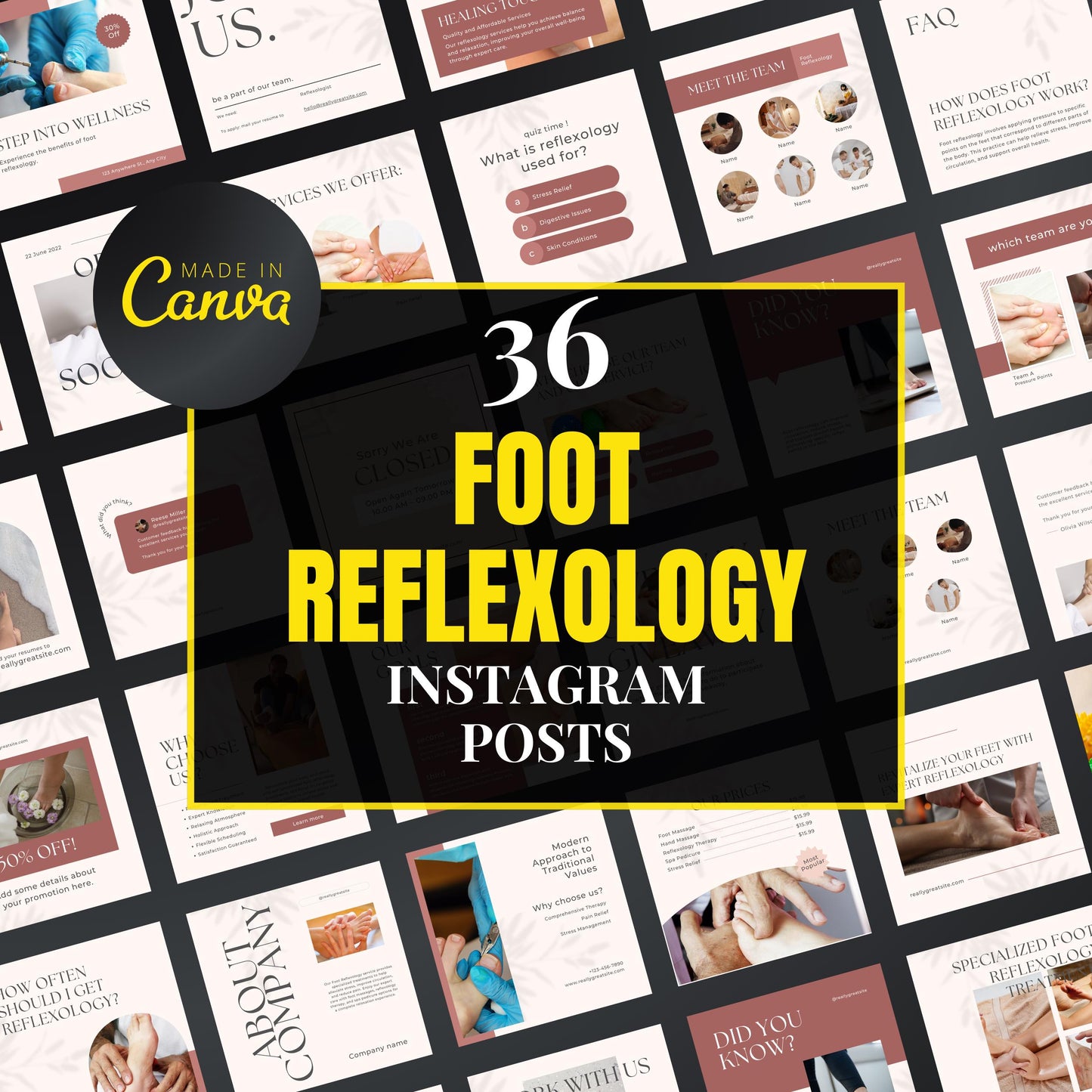 Collection of foot reflexology Instagram posts with 'Made in Canva' branding.