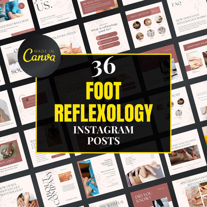 Collection of foot reflexology Instagram posts with 'Made in Canva' branding.