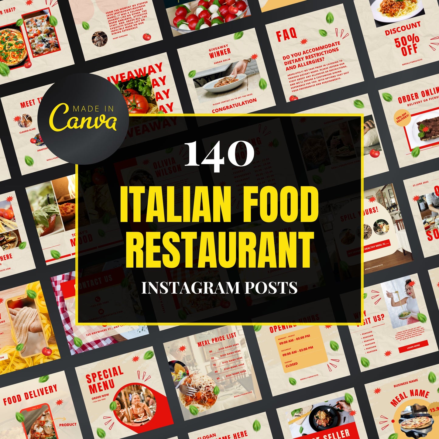 Collection of Italian food restaurant Instagram posts with 'Made in Canva' branding.