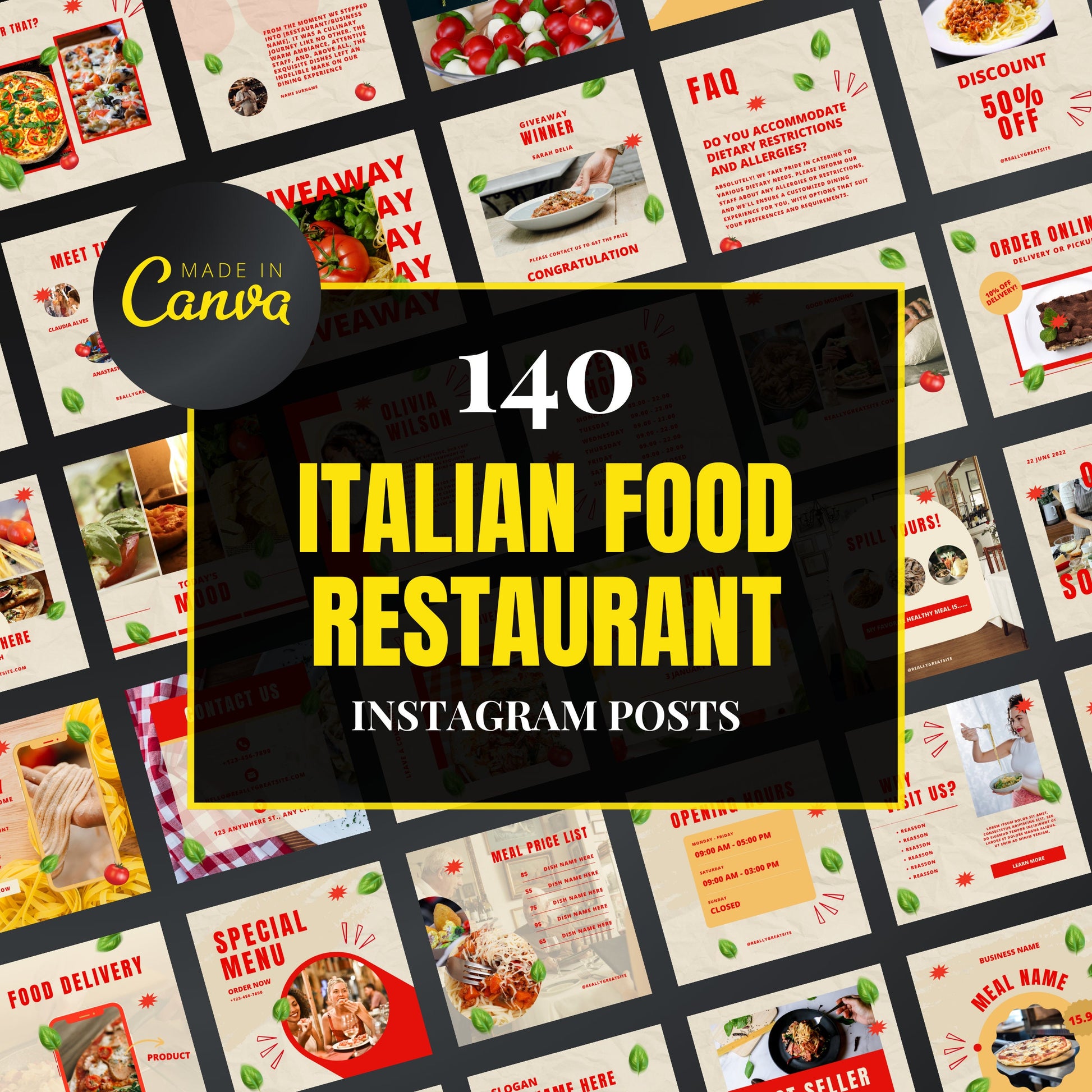 Collection of Italian food restaurant Instagram posts with 'Made in Canva' branding.