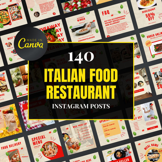 Collection of Italian food restaurant Instagram posts with 'Made in Canva' branding.