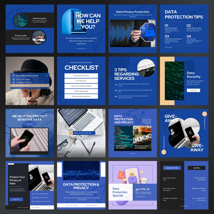 Collection of data protection-themed slides with various graphics and text on a blue background.