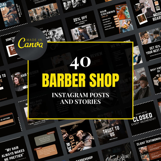 Collection of barber shop-themed Instagram posts and stories with 'Made in Canva' branding.