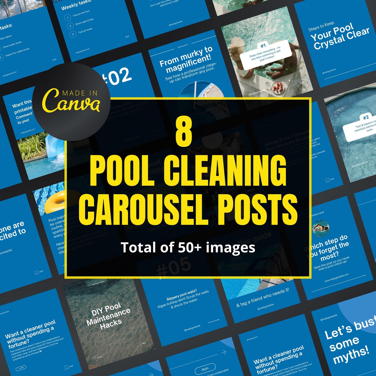Promotional graphic for pool cleaning carousel posts with 'Made in Canva' branding.