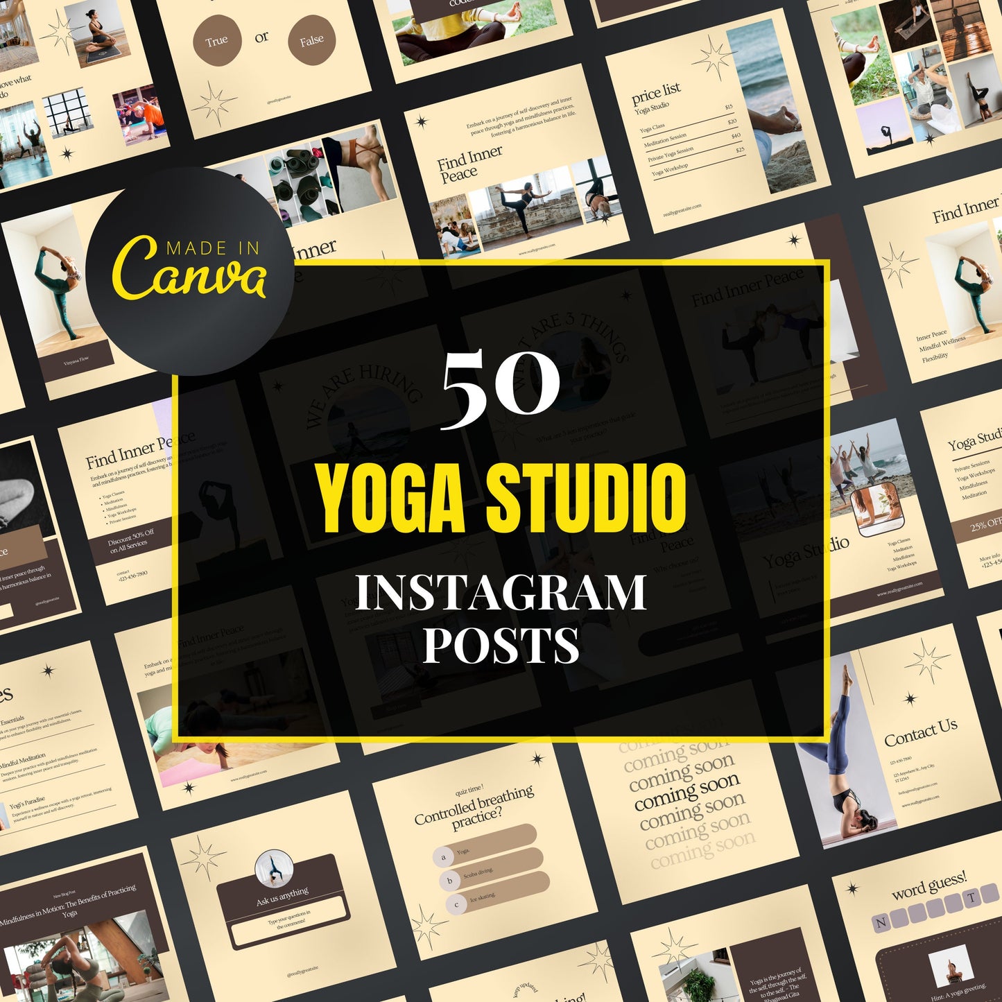 Collection of yoga studio Instagram post templates with 'Made in Canva' branding.