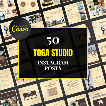 Collection of yoga studio Instagram post templates with 'Made in Canva' branding.