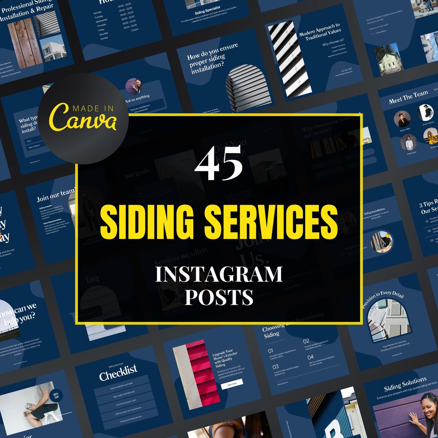Promotional graphic for Made in Canva with text about siding services Instagram posts on a collage of related images.