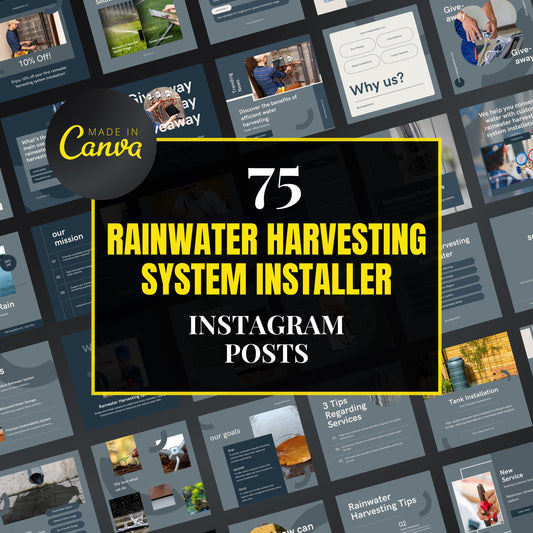Promotional graphic for 75 rainwater harvesting system installer Instagram posts by Made in Canva.