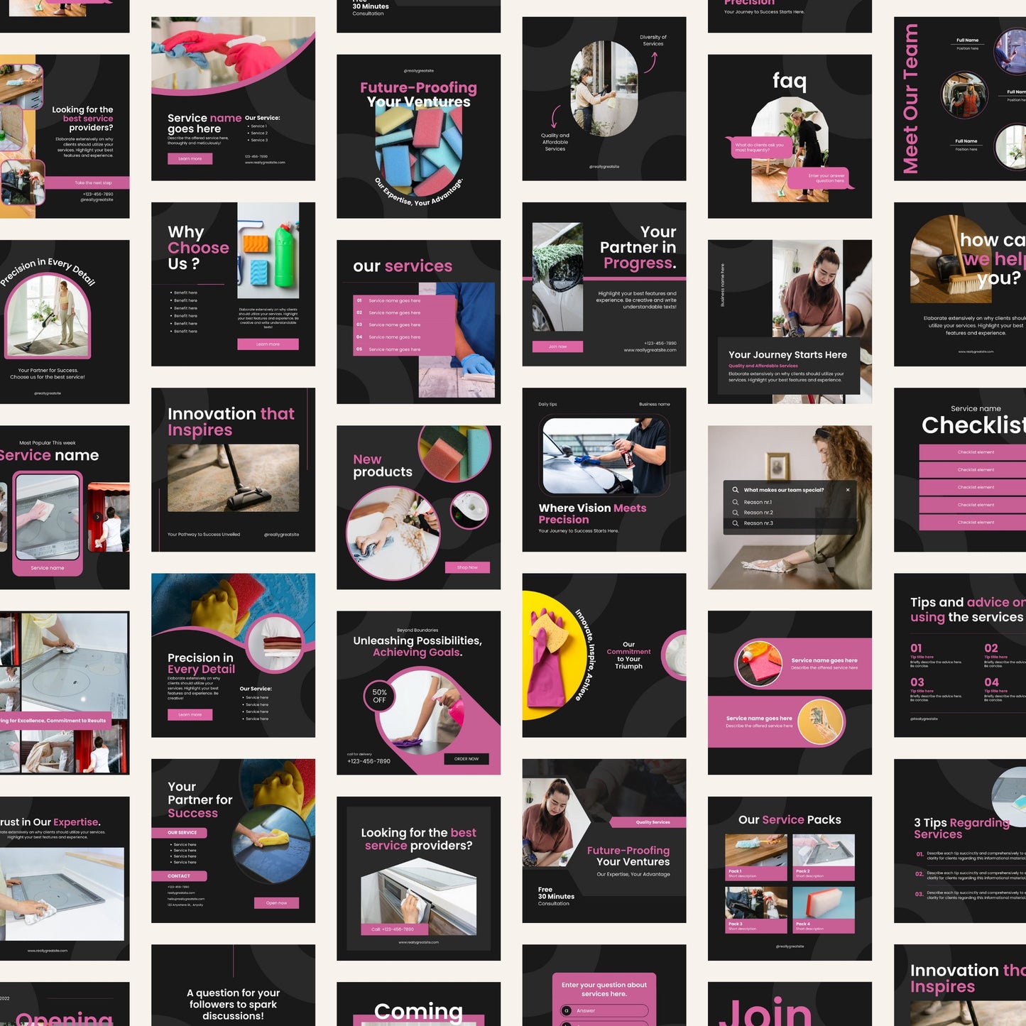 Grid of various slides with text and images on a black background