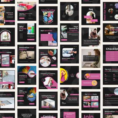 Grid of various slides with text and images on a black background