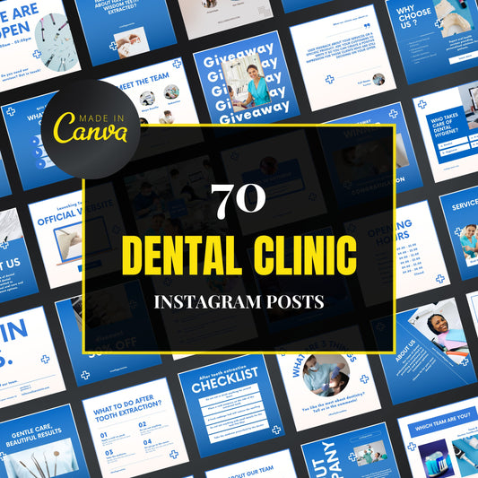 Collection of dental clinic Instagram posts with 'Made in Canva' branding.