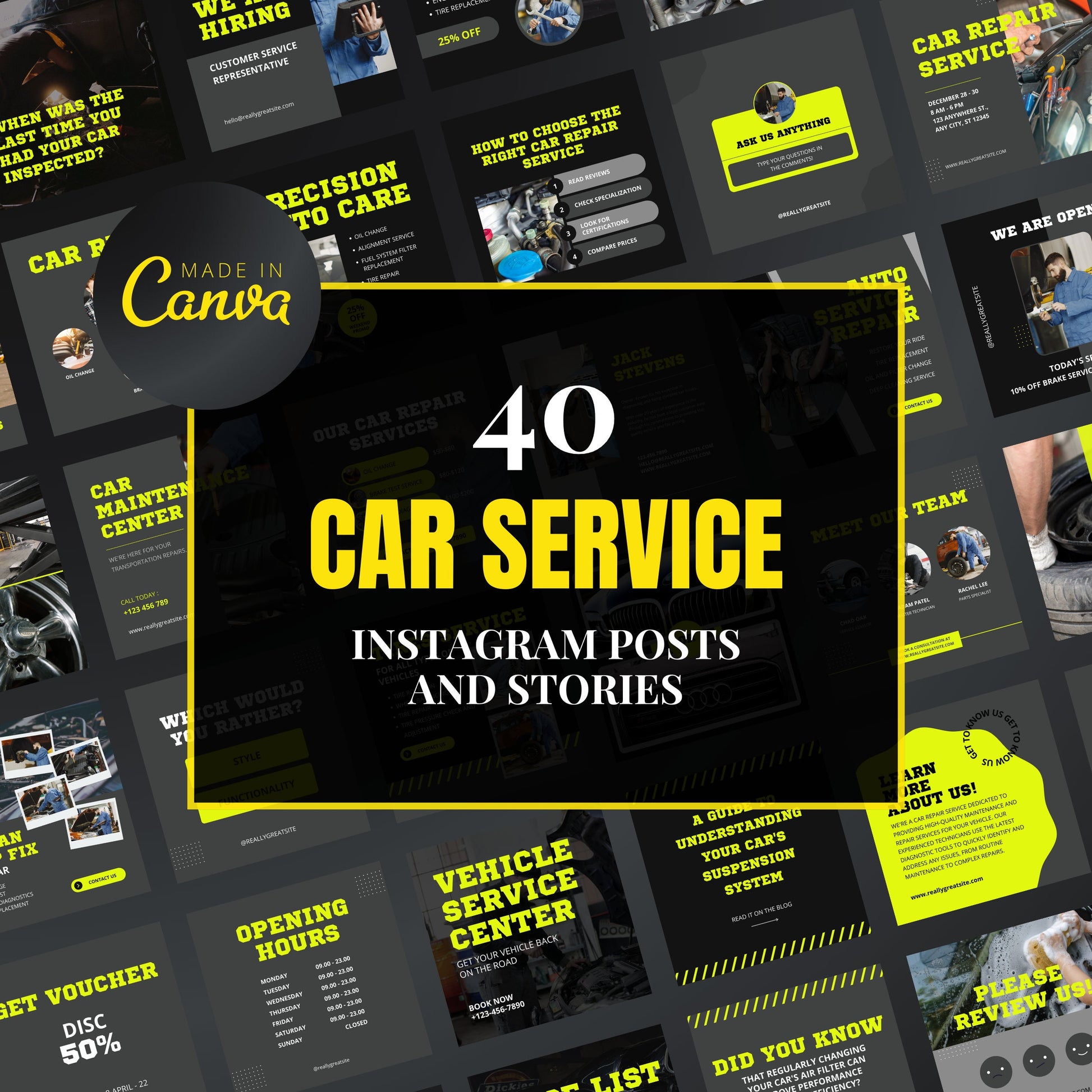 Collection of car service Instagram posts and stories with 'Made in Canva' branding.