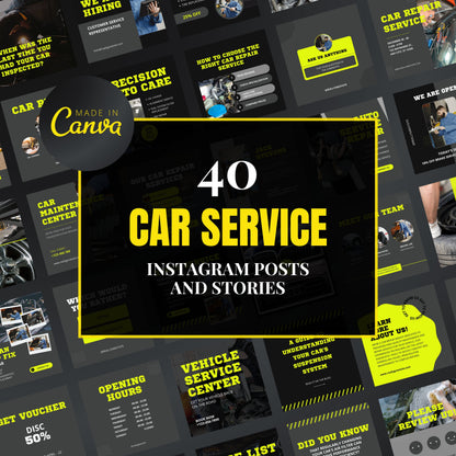 Collection of car service Instagram posts and stories with 'Made in Canva' branding.