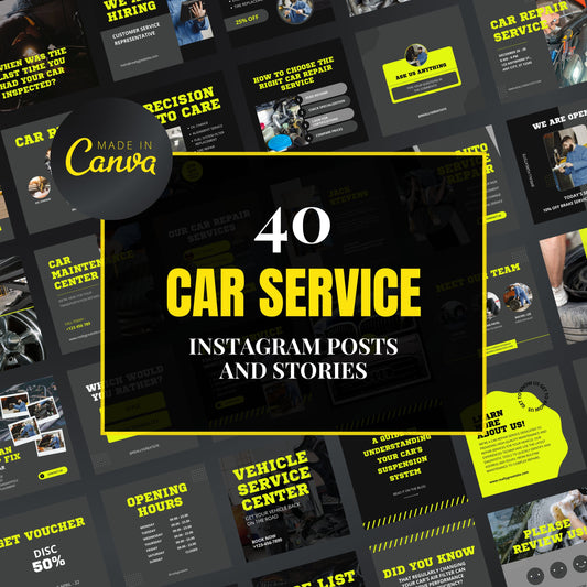 Collection of car service Instagram posts and stories with 'Made in Canva' branding.