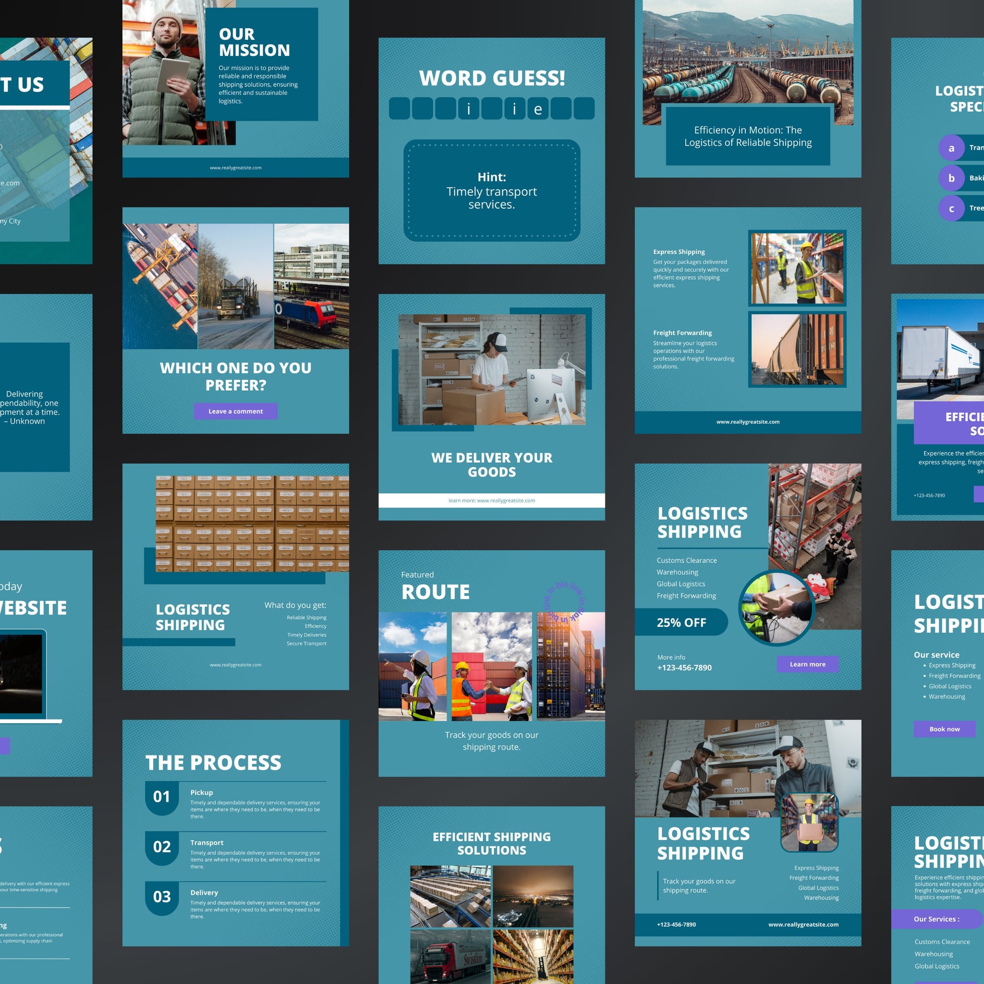 Collage of various logistics and shipping-themed slides on a dark background